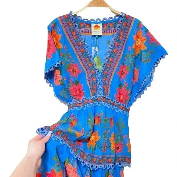 NWT Farm Rio Tropical Tapestry Blue Lace Layered Midi Summer Dress Size XS - Picture 9 of 11